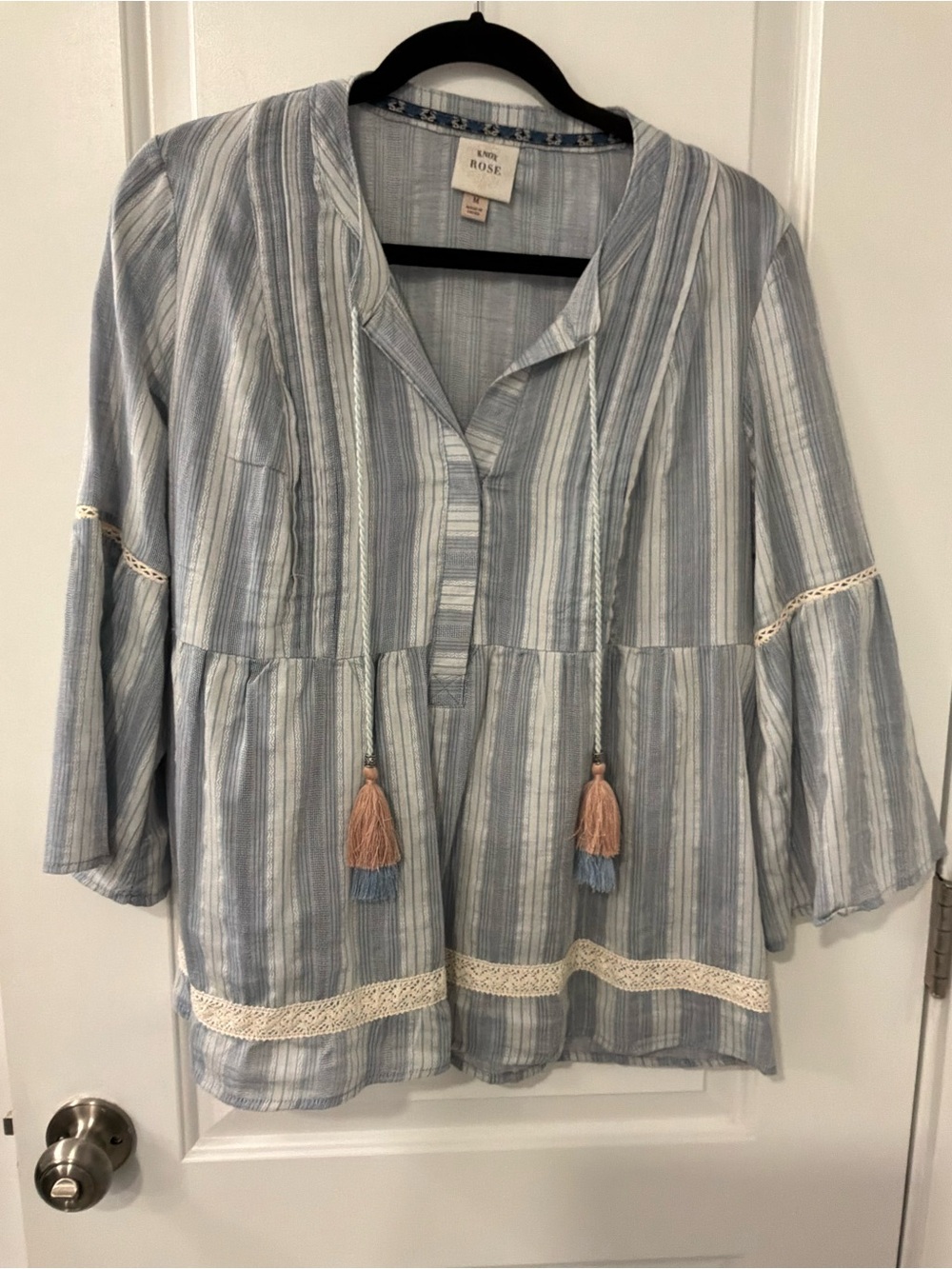 Knox Rose Blue and White Striped Tassel Peasant Top